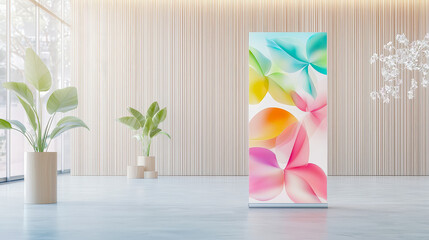 Leinwandbilder - Bright and modern indoor space featuring vibrant floral wall art and stylish indoor plants during daylight hours