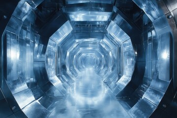 Leinwandbilder - Futuristic metallic corridor, sleek design, reflective surfaces, extending into a distant bright light.