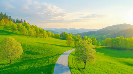 Poster - Lush green rolling hills with a winding road beneath a clear sky at sunset