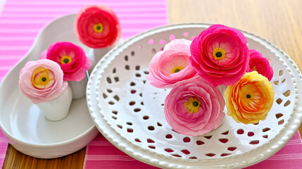 Poster - Colorful ranunculus flowers arranged in decorative dishes on a wooden table with pink tablecloth