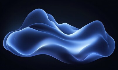 Poster - Abstract Blue Fluid Shape on a Dark Background with Soft Curves and Glowing Edges Representing Movement and Energy in Modern Digital Art