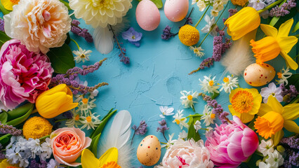 Poster - Colorful spring flower arrangement with decorative eggs on light blue background