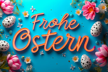 Poster - German text Happy Easter, Celebrating Easter with vibrant decorations and cheerful colors on a bright blue background