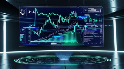 Poster - Complex financial data and stock market trends are projected onto a holographic display in a futuristic command center, creating an immersive environment for monitoring and analysis