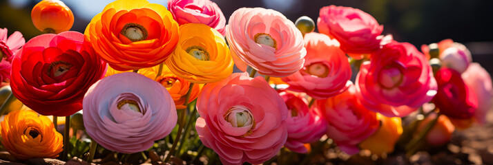 Poster - Colorful ranunculus flowers bloom in a vibrant garden during springtime, showcasing a variety of shades and textures
