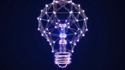 Poster - Glowing polygon mesh light bulb, connected by intricate dots, symbolizes innovative ideas against a dark blue background, embodying creativity and technological advancement