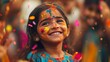 © attar - Joyful girl celebrating a vibrant festival with colorful powders, surrounded by cheerful crowd