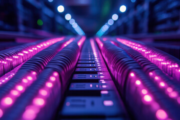 Poster - Brightly lit server room with illuminated cables and connections at a data center during nighttime operations