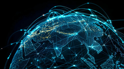 Fototapete - Digital Globe with Network Connections in Blue Illustrating Global Communication
