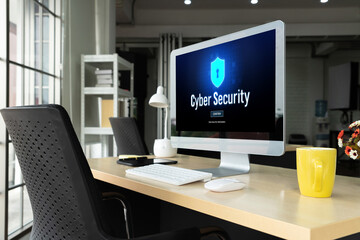 Poster - cyber security system on computer screen protect private information snugly from hacker and cyber at