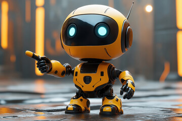 Poster - Cute yellow robot interacts in a futuristic environment while pointing and engaging with its surroundings