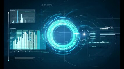 Poster - Glowing futuristic loading circle spins and animates against a dark background, visually processing data and information while creating an engaging digital effect