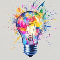 Poster - Colorful Idea: Lightbulb Bursting with Creativity and Imagination Unleashing a Spectrum of Colorful Paint