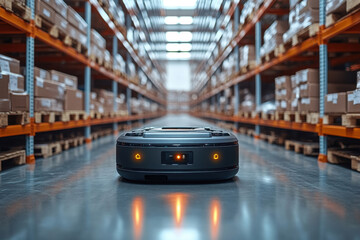 Poster - Robot operates in a busy warehouse transporting packages during the day
