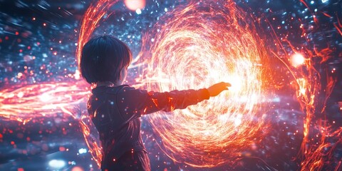 Poster - A child reaches out toward a vibrant cosmic portal filled with swirling energy and light. The scene embodies creativity and imagination. It inspires wonder and exploration. AI