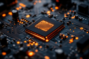 Poster - Close-up of a glowing microchip on a circuit board showcasing intricate technology and electrical connections