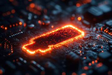 Poster - Neon battery symbol illuminated on a dark circuit board, showcasing technology and energy concepts