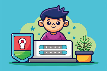 Aufkleber - A young boy interacts with a laptop, customizing his password while surrounded by plants at home, My password Customizable Cartoon Illustration