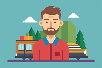 Poster - A man stands confidently against a colorful backdrop featuring vehicles and trees, reflecting a lively design, My password Customizable Semi Flat Illustration