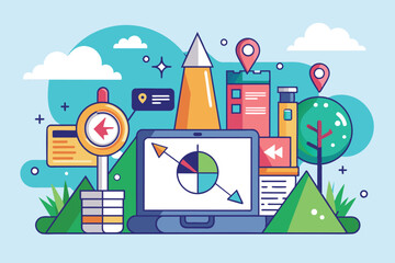 Poster - a vibrant illustration of a navigation interface featuring graphs, maps, and location markers in sty