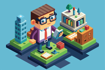 Poster - a nerd reads a book while standing among customizable isometric buildings and landscapes, nerd custo