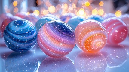Colorful galaxy glass marbles with sparkling bokeh background