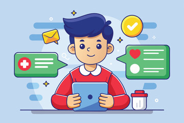 Poster - A young person interacts with a tablet, viewing notifications and messages in a bright, colorful setting, New notifications Customizable Cartoon Illustration