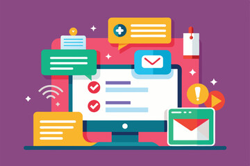 Poster - A computer screen displays customizable notifications in bright colors and playful shapes, enhancing user engagement, New notifications Customizable Semi Flat Illustration