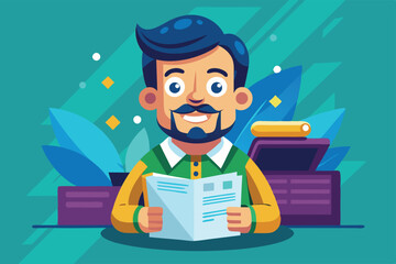 Poster - a happy man engages with a personalized newsletter, surrounded by vibrant plants and colorful detail