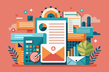 Poster - a colorful illustration showcasing a customizable newsletter environment with various documents and 
