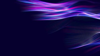 Poster - Futuristic technology wave motion with shallow DOF. Digital cyberspace concept. Abstract wave with moving particles. Big data flow animation.