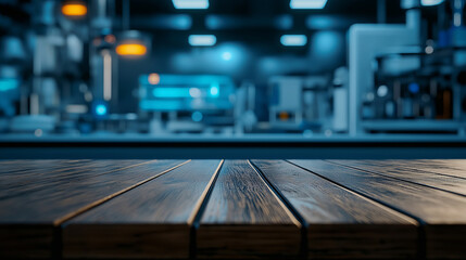 Dark Wood Tabletop Against Blurred Tech Lab Background