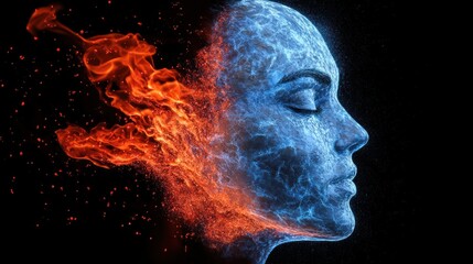 Wall Mural - Abstract female face, fire and ice, dramatic background, profile view