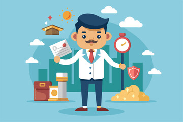Poster - A cheerful character stands proudly, holding important documents, amidst symbols of responsibility and success, Obligations Customizable Cartoon Illustration