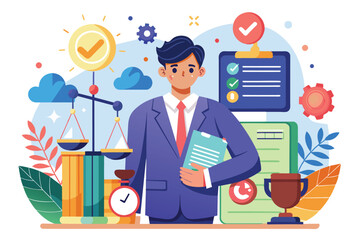 Poster - a business professional stands with legal scales, charts, and checklists symbolizing customizable ob