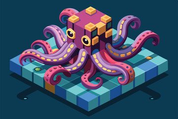 Poster - a bright and colorful octopus design rests on a geometric platform, showcasing a creative and playfu