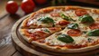 © ADog - Close-up Gourmet Pizza on Rustic Platter, Soft Focus Italian Restaurant Background