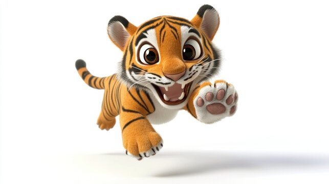 Playful tiger cub leaps forward on white