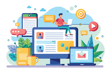 Poster - A person works on a laptop, creating an online article amid various digital communication tools, Online article Customizable Semi Flat Illustration