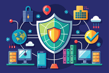 Aufkleber - This illustration highlights essential online data security solutions featuring devices and elements connected, Online data security solution