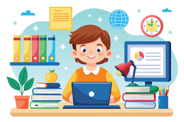 Poster - A child engages in online education at a desk filled with books and a computer, focused and motivated, online education for children via computer