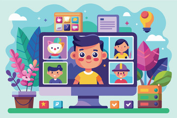 Poster - A cheerful design showcases a cartoon character enjoying an online gallery with interactive elements, Online gallery Customizable Cartoon Illustration