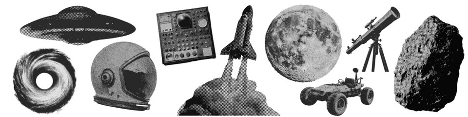 Poster - Set of outer space halftone grunge vector design elements