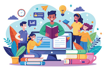 Aufkleber - A teacher guides students in an interactive online learning environment using digital tools and resources, Online learning Customizable Flat Illustration