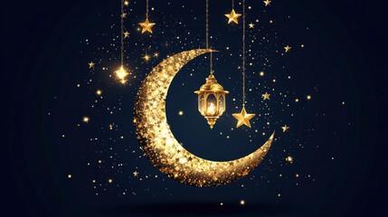 Wall Mural - Elegant golden crescent moon with a hanging lantern and stars on a dark background, suitable for a Ramadan or Muslim holiday greeting card design template