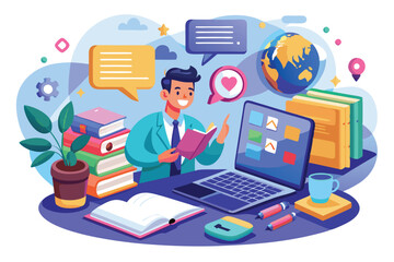 Aufkleber - A cheerful individual is engaged in using an online translator while surrounded by books and technology, Online translator concept,