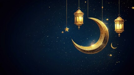 Wall Mural - Elegant golden crescent moon with a hanging lantern and stars on a dark background, suitable for a Ramadan or Muslim holiday greeting card design template