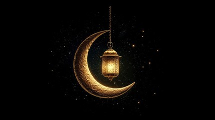 Wall Mural - Elegant golden crescent moon with a hanging lantern and stars on a dark background, suitable for a Ramadan or Muslim holiday greeting card design template