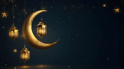 Wall Mural - Elegant golden crescent moon with a hanging lantern and stars on a dark background, suitable for a Ramadan or Muslim holiday greeting card design template