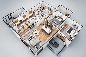 Poster - a floor map of a house with bedrooms, kitchen, living room, bathrooms, balconies and other house corners.